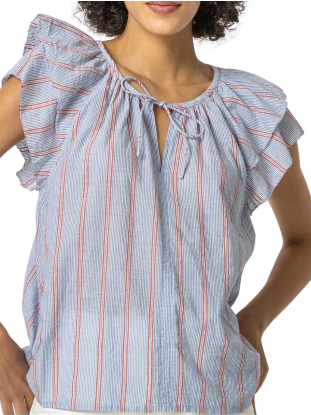 Lilla P Ruffle Sleeve Split Neck Top in Tide Stripe, EUC, size L